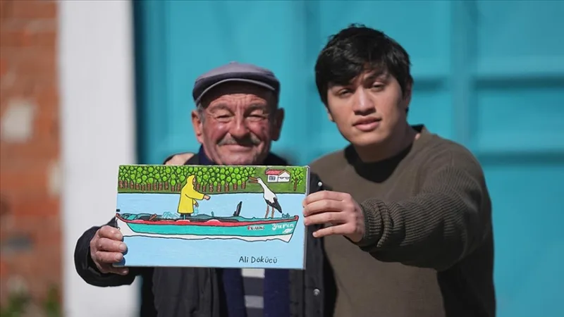 La amistad entre Yaren, la cigüeña, y el pescador «tío Adem» se plasmó en el lienzo de un joven con autismo